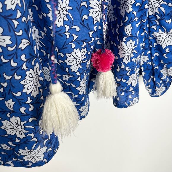 J. Crew Womens Embroidered Peasant Top XS Blue Pink V Neck Tasseled Cotton - Picture 11 of 11